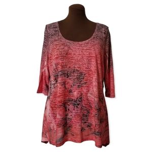 One World Red Printed Embellished 3/4 Sleeve Top Woman Size 1X